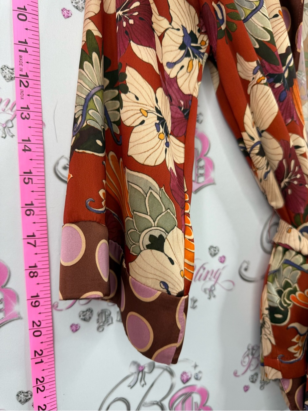 Zara shirt blouse belted tie Rust Floral Tie-Front Blouse with Pink Polka Trim - Picture 3 of 9